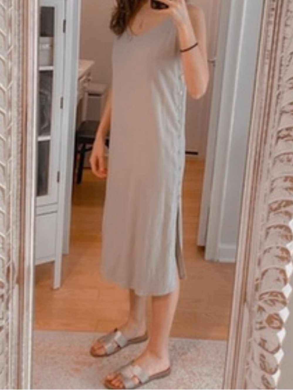 Minimal V-Neck Midi Slip Dress in Light Beige - Women